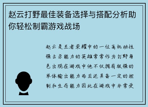赵云打野最佳装备选择与搭配分析助你轻松制霸游戏战场