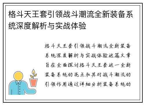 格斗天王套引领战斗潮流全新装备系统深度解析与实战体验